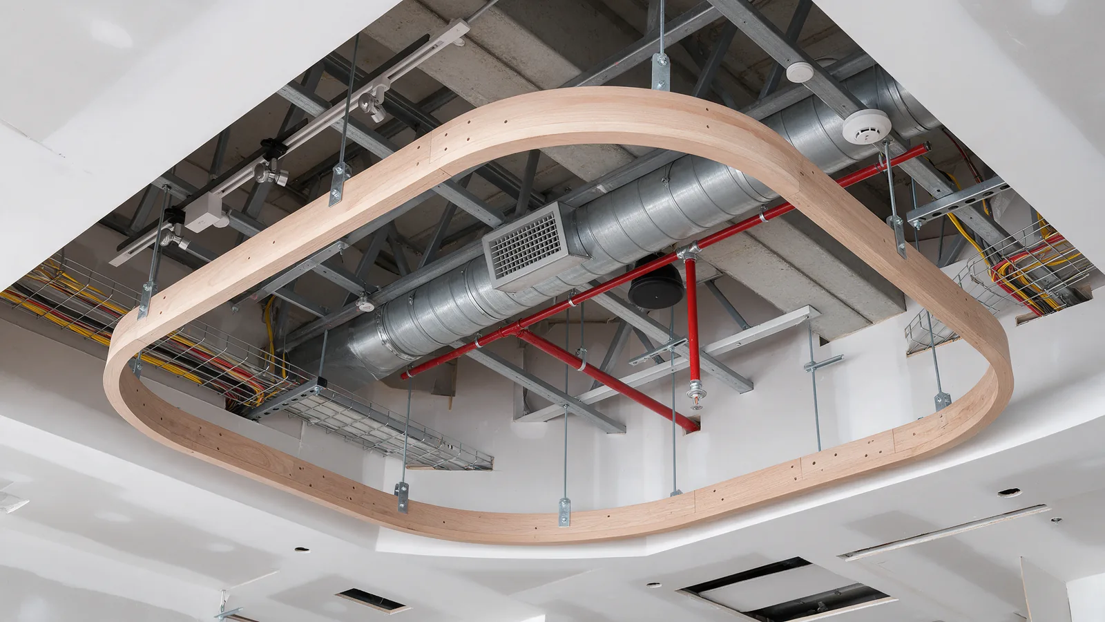 Open restaurant ceiling with a timber feature frame, HVAC duct, sprinkler pipes, lighting and cable trays competing for space